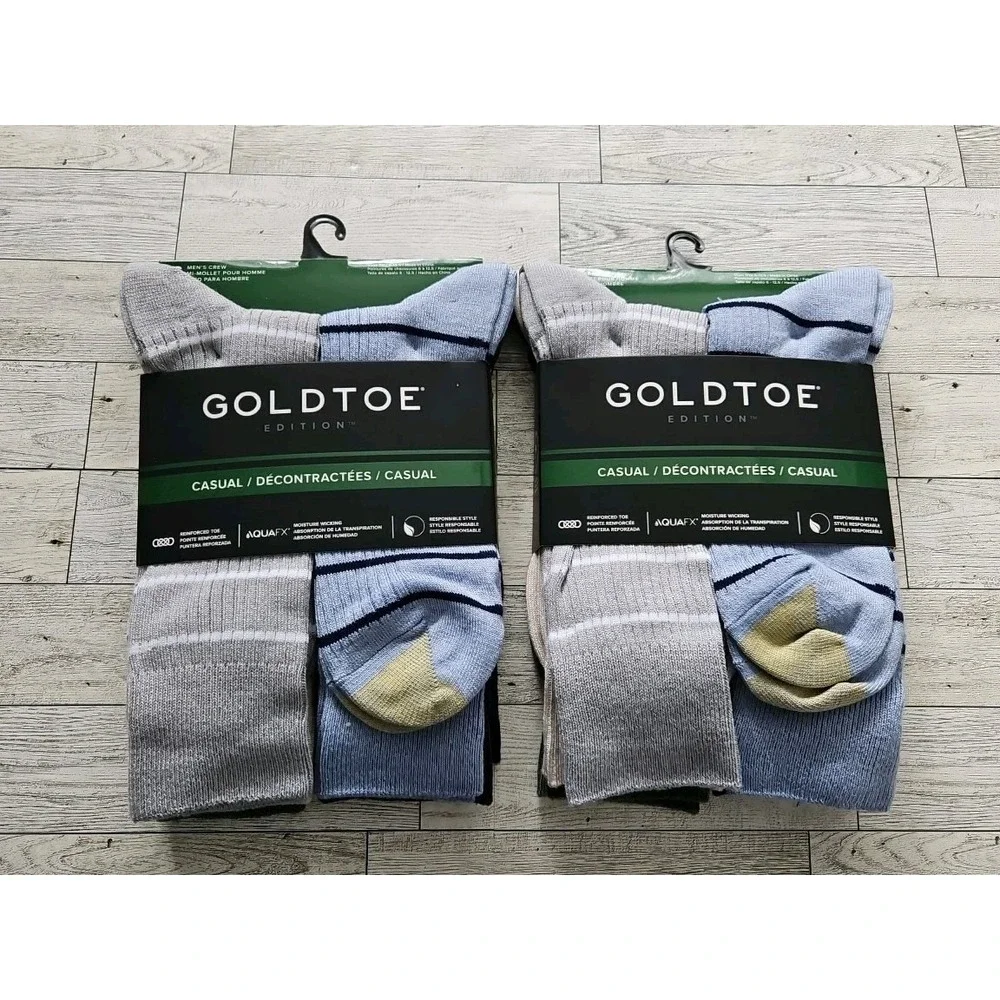 GOLDTOE Men's Crew Socks Aquafx 12 Pair Shoe Size 6-12.5 Casual Ribbed Striped